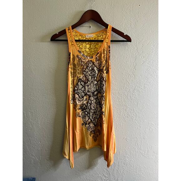 Vocal Tops - Vocal Y2K Floral Lace Tank Top Rhinestone Asym Hem Made USA Small Retro